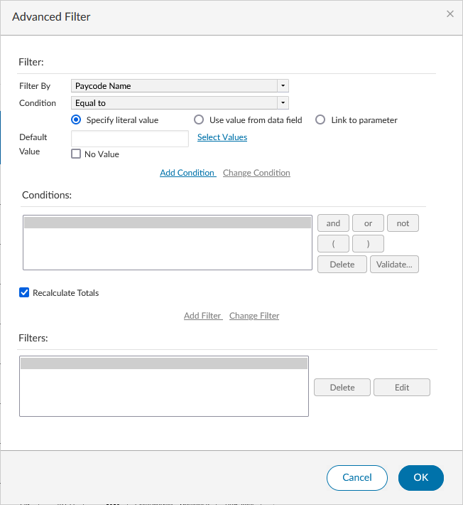 advanced filter window