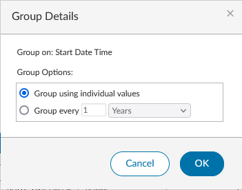 the options presented when grouping on a date or time column