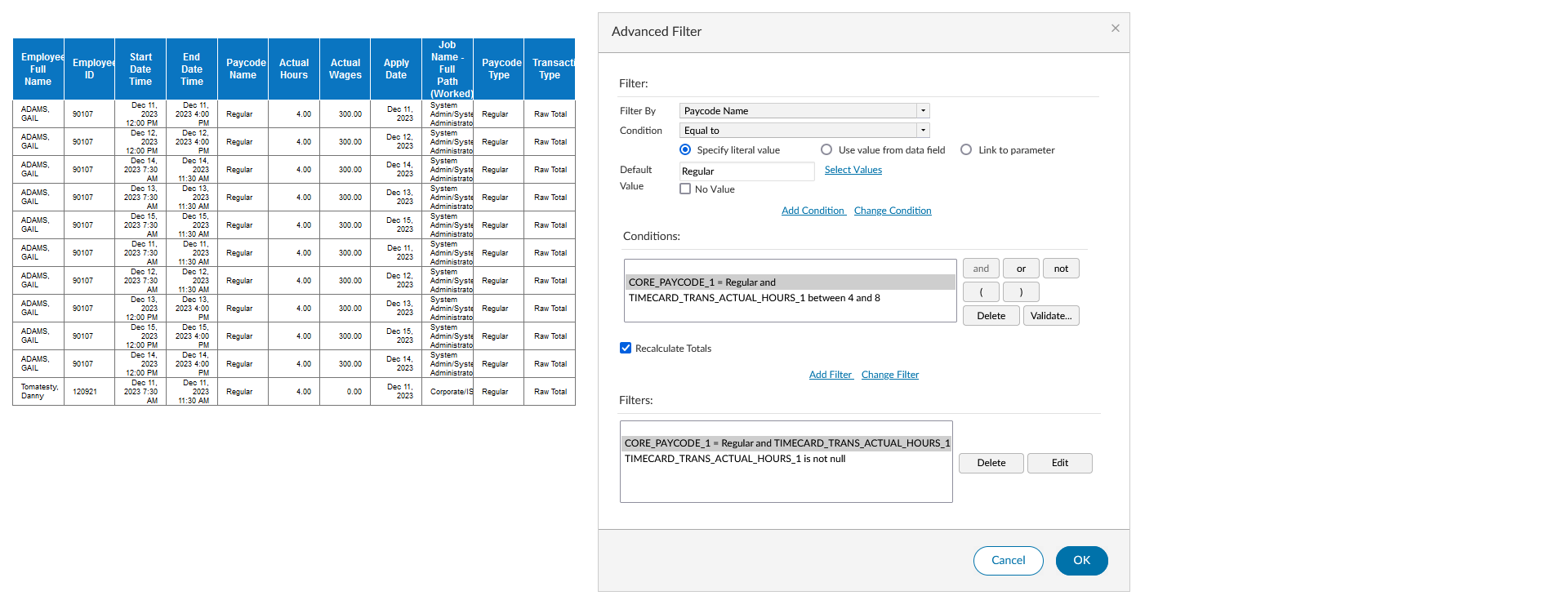 sample report with filter